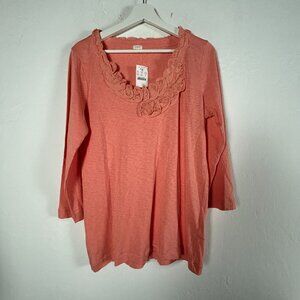 J.Crew Factory Womens XL Coral Long Sleeve Top Floral Neck 3/4 Sleeve 31242 New
